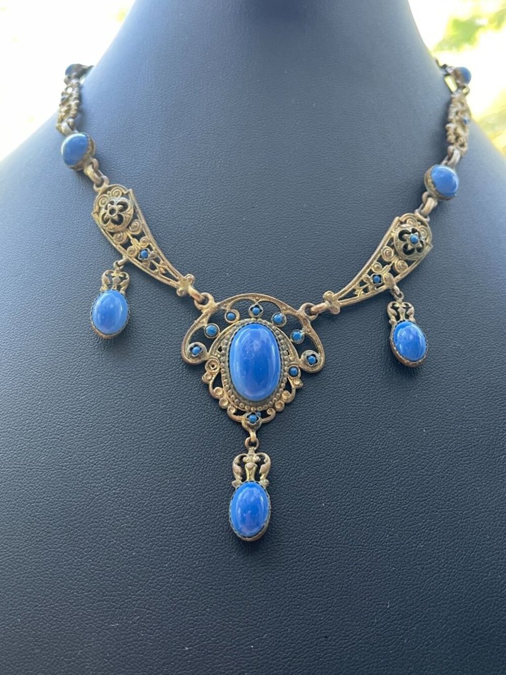 Vtg Art Nouveau Blue Glass Stone Gold Tone Necklace Signed Made in France - Picture 7 of 16